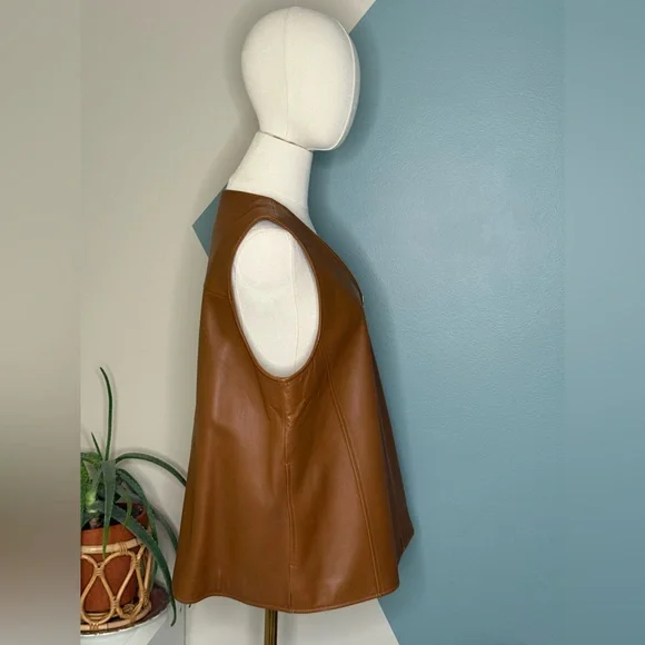 Nordstrom Genuine Lambskin Leather Zip Vest Brown Tan Lined Minimalist Y2K Large - Picture 4 of 10